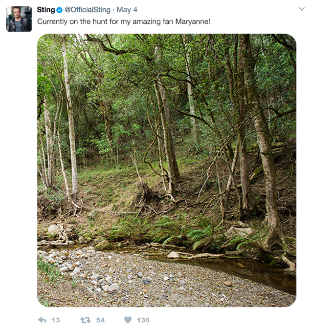 Illustration for article titled Coolest. Rock Star. Ever: Sting Just Gave One Lucky Fan A 20-Minute Head Start Into The Woods Before Beginning His Relentless Hunt